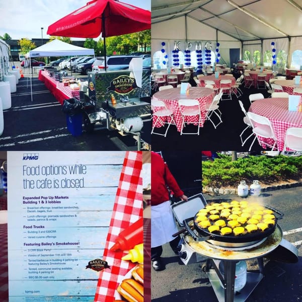 A collage shows Bailey's Smokehouse BBQ setup, a tented dining area, and a grill with cheeseburgers.