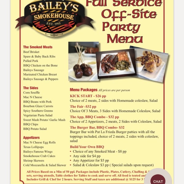 A Bailey's Smokehouse party menu with images of BBQ ribs, sides, and appetizers.
