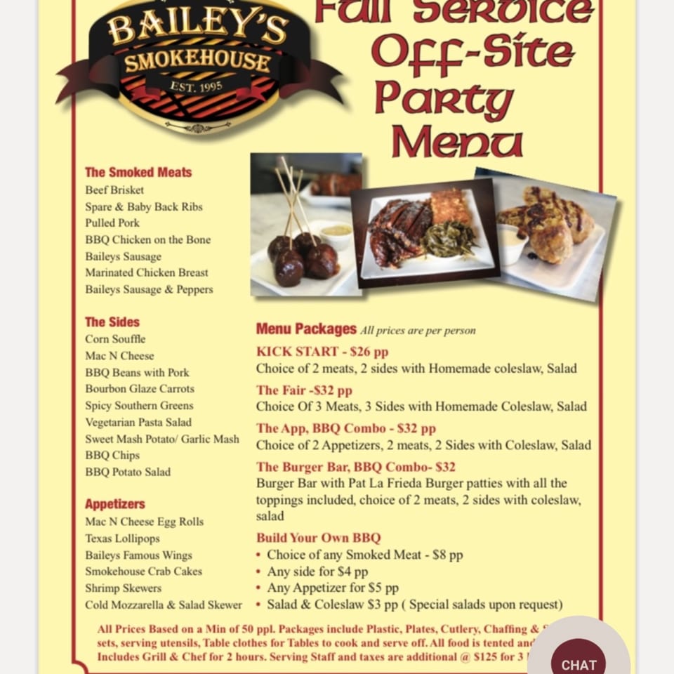 A Bailey's Smokehouse party menu with images of BBQ ribs, sides, and appetizers.