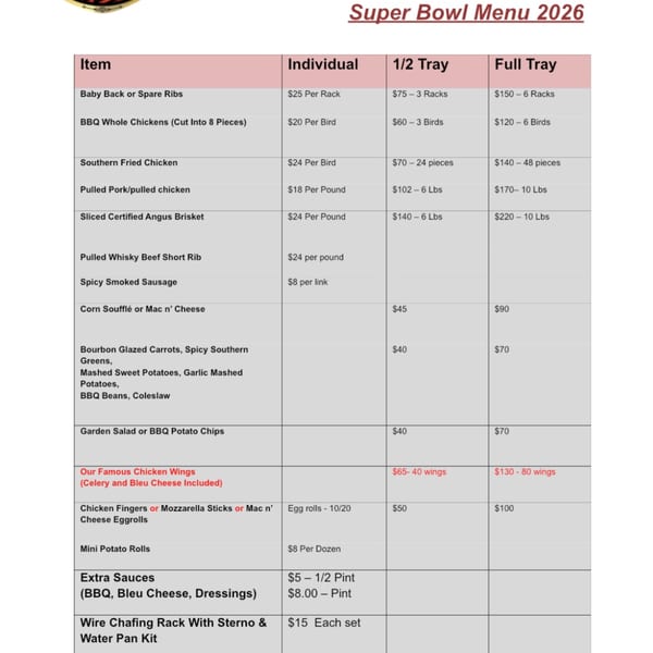A Super Bowl menu from Bailey's Smokehouse, listing various BBQ items, sides, and prices.