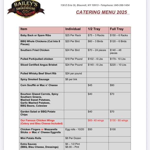 Bailey's Smokehouse 2025 catering menu displaying various BBQ items, sides, and prices.